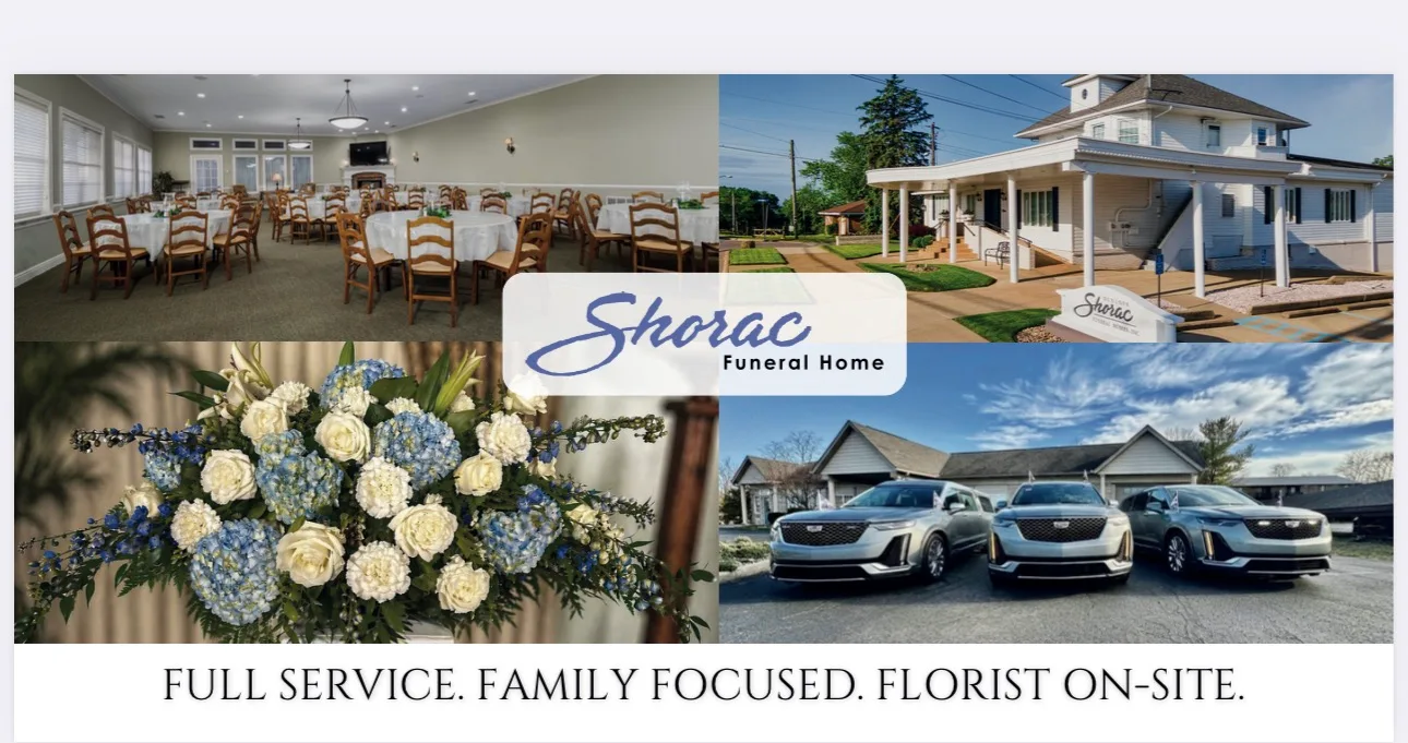 Shorac Funeral Home billboard: four photographs of the dining hall, the building, a flower arrangement and three vehicles, with the line Full service. Family focused. Florist on-site.