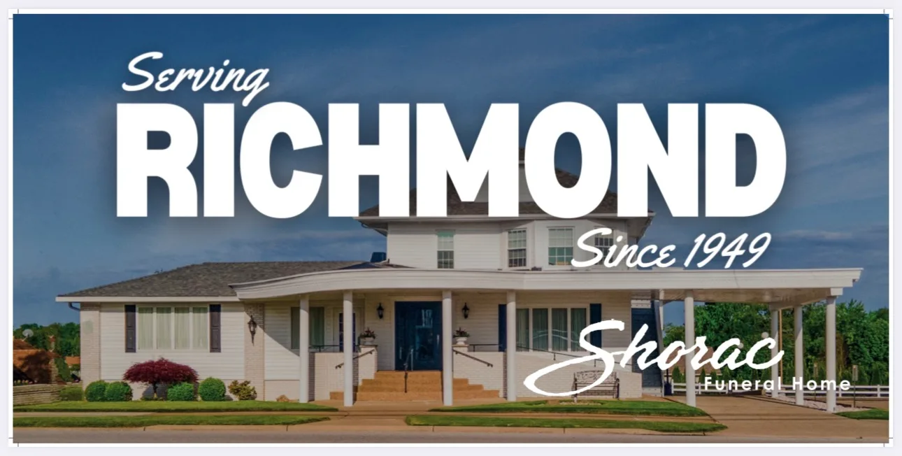 Billboard for Shorac Funeral Home: the words Serving Richmond in large white type over a photograph of the funeral home, with Since 1949 beside the building