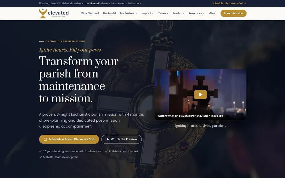 Elevated Parish Missions website, built by MCG