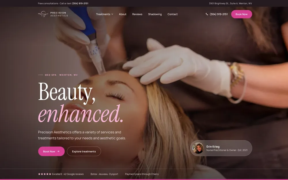 Precision Aesthetics website, built by MCG